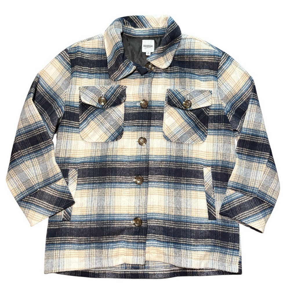 Kensie Plaid Shacket Women’s Small Blue Beige Fall Layering Oversized Jacket‎